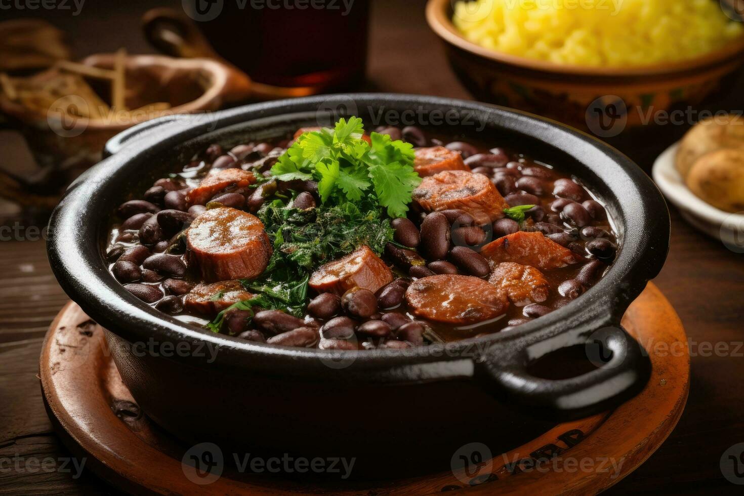 ai generato feijoada servito nel un' argilla ciotola su un' rustico di legno tavolo. brasiliano cucina foto