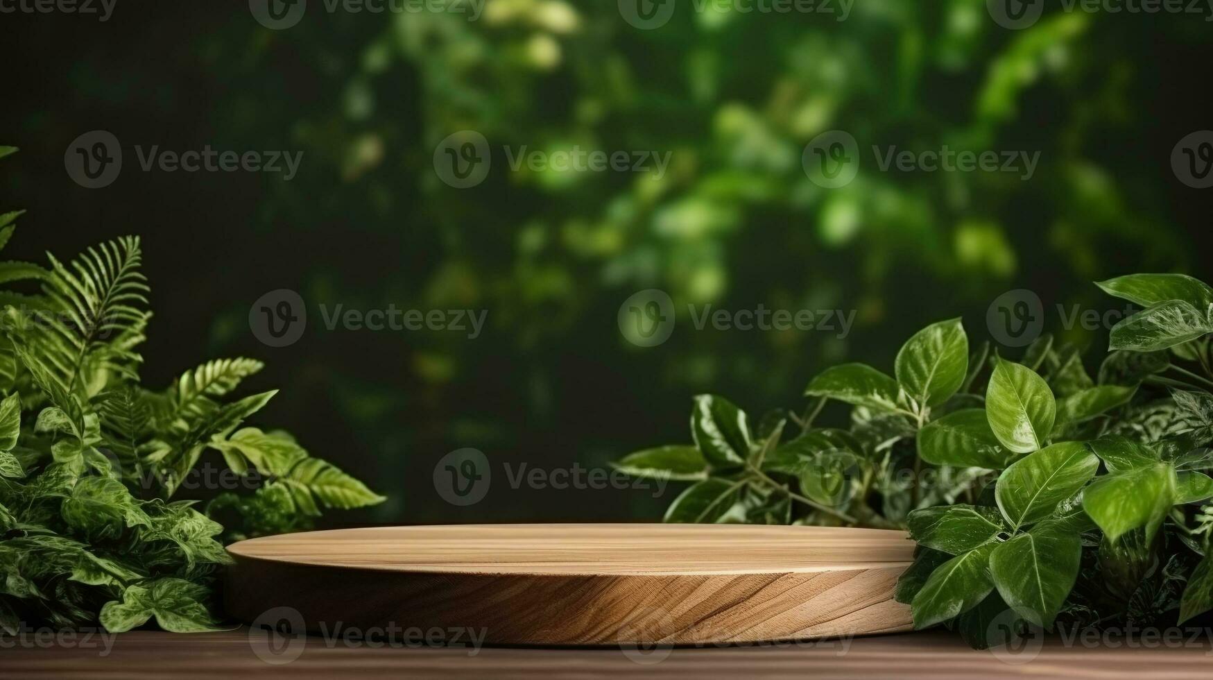 ai generato elegante legna piattaforma con assortito verdura su buio sfondo, ideale per in mostra eco-friendly prodotti foto