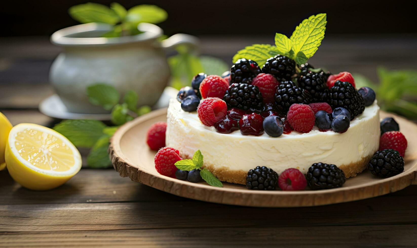 ai generato Limone torta di formaggio con fresco frutti di bosco. ai generato foto