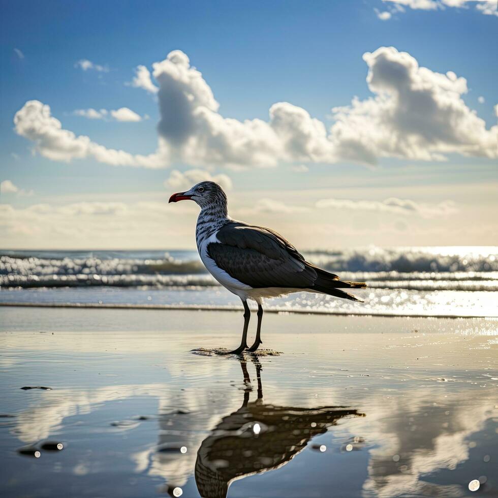 ai generato gabbiano su il spiaggia sotto blu cielo. foto