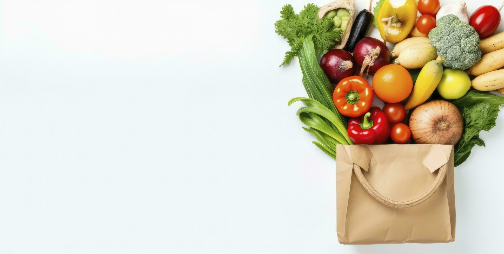 ai generato salutare cibo nel carta Borsa verdure e frutta su bianca sfondo. ai generato foto