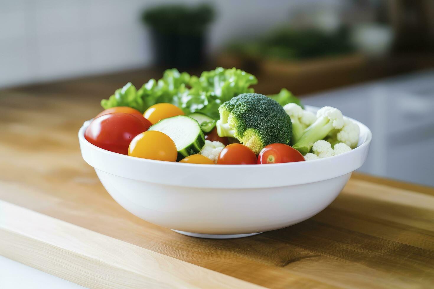 ai generato cucina ancora vita con bianca ciotola di lavato verdure su di legno scrivania. ai generato foto