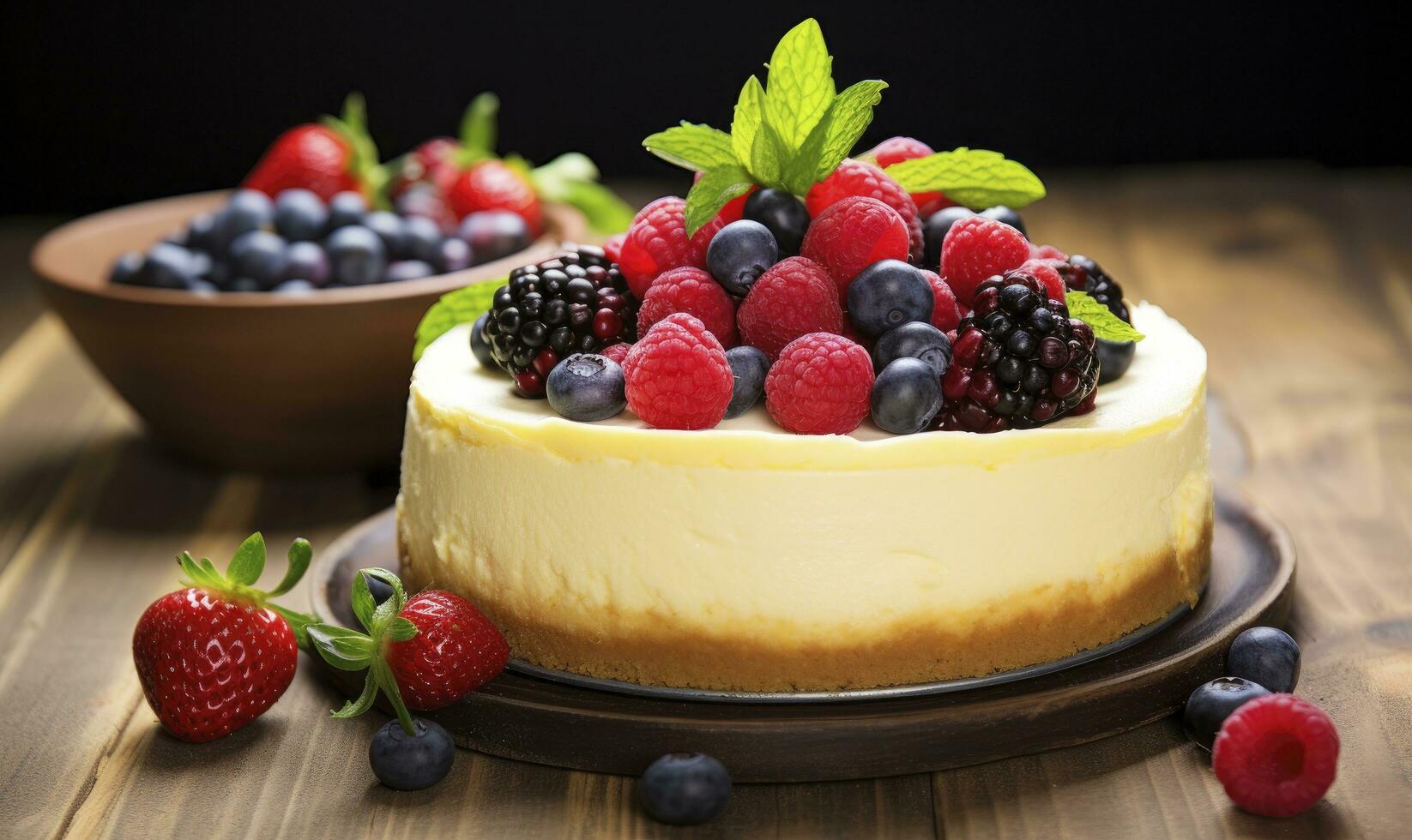 ai generato Limone torta di formaggio con fresco frutti di bosco. ai generato foto