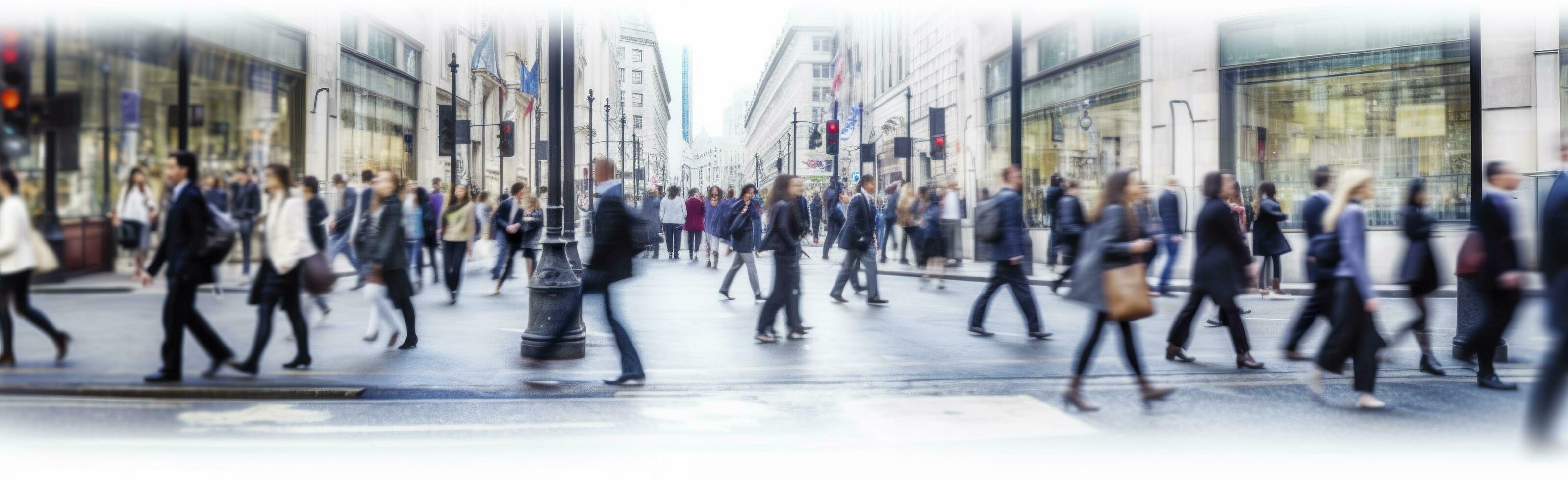 ai generato a piedi persone sfocatura. molte di persone camminare nel il città di Londra. largo panoramico Visualizza di persone attraversamento il strada. ai generato foto