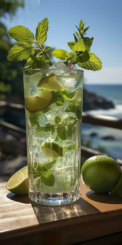 ai generato sbalorditivo foto di cocktail Mojito, un' soleggiato estate spiaggia nel il sfondo. generativo ai