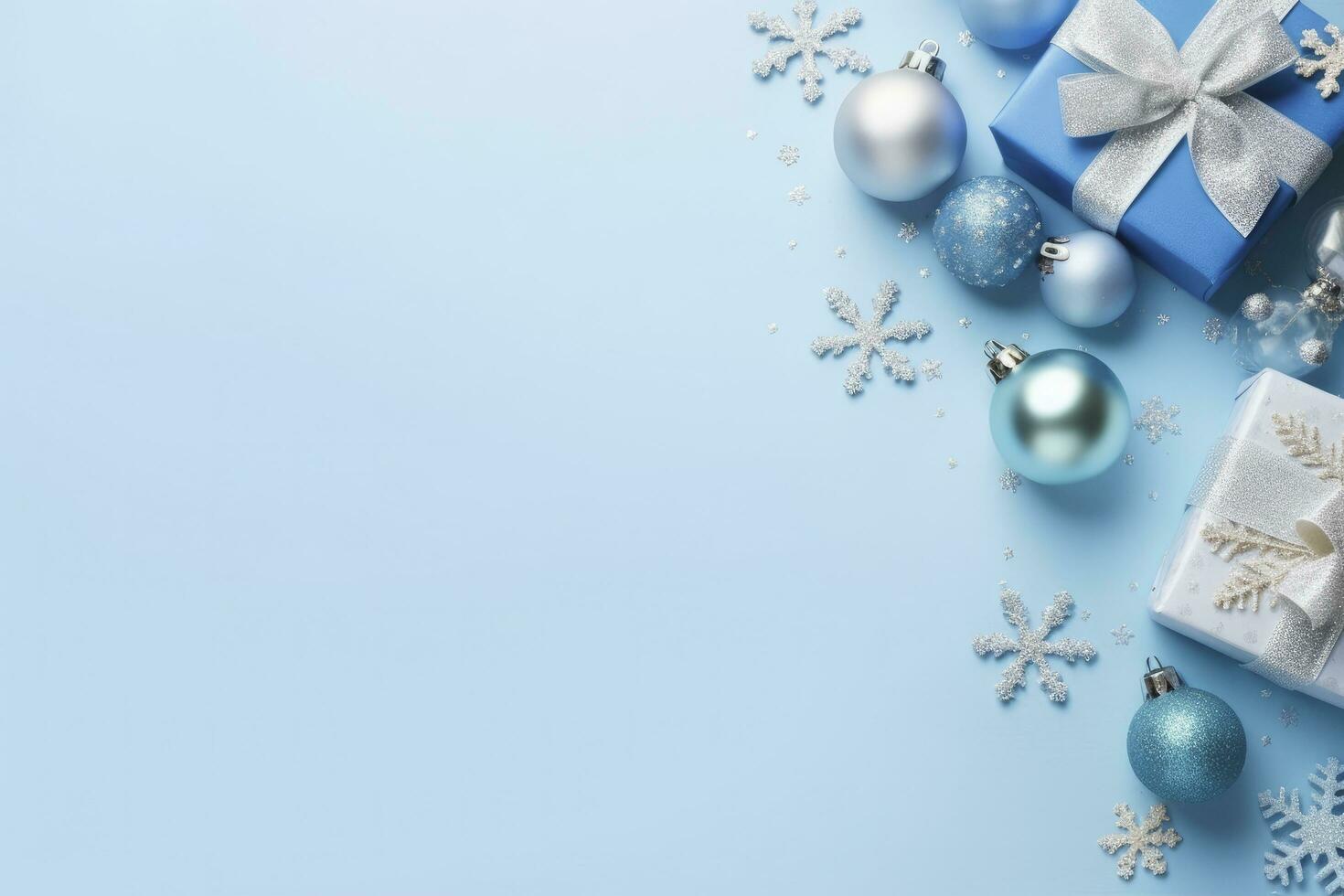 ai generato Natale vigilia concetto. superiore Visualizza foto di blu e argento palline fiocco di neve ornamenti elegante presente scatole e coriandoli. ai generato