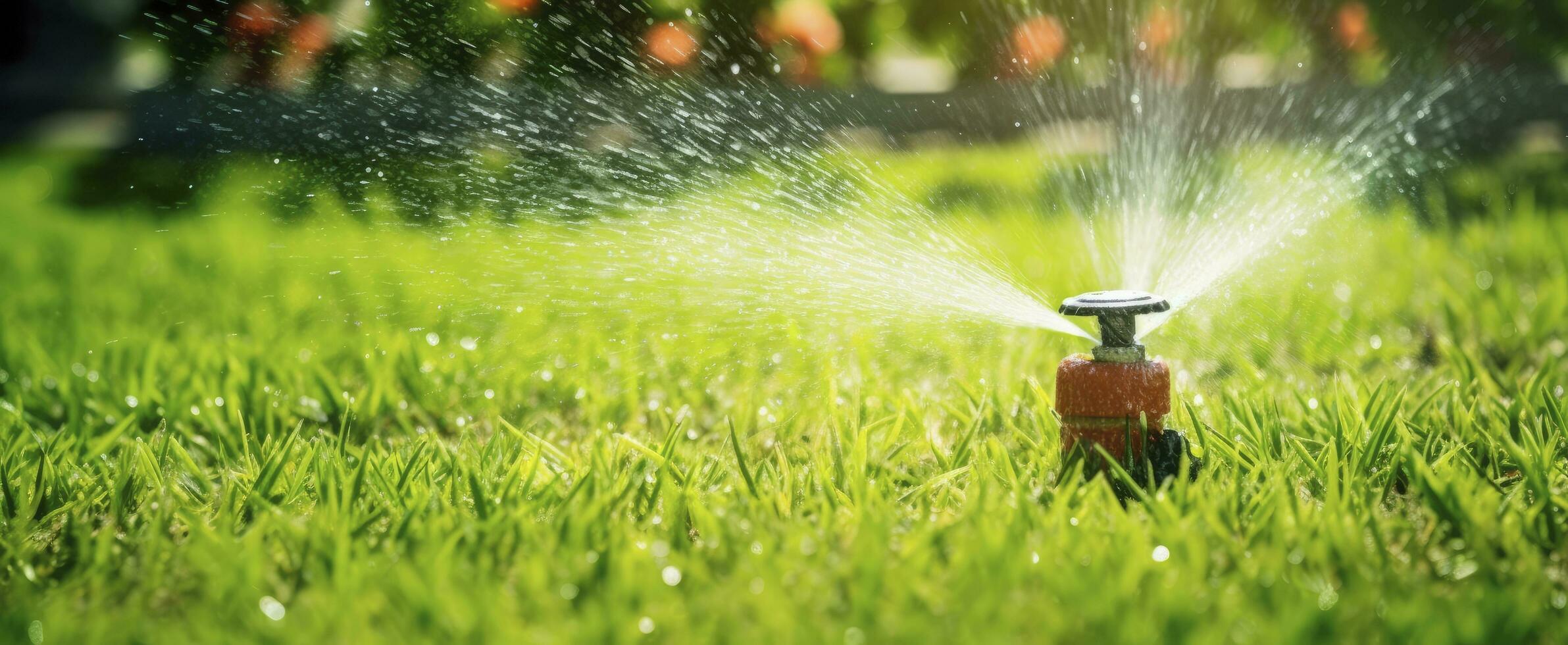 ai generato automatico giardino prato spruzzatore nel azione irrigazione erba. ai generato foto