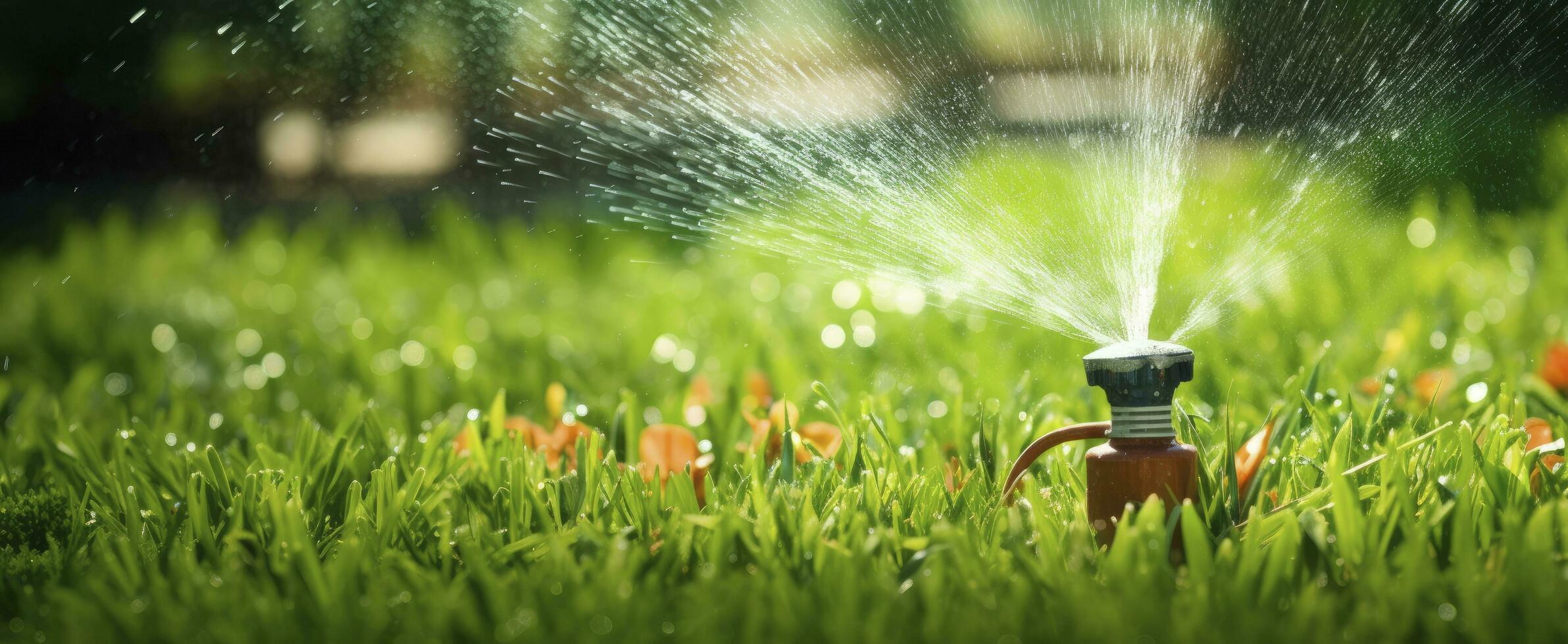 ai generato automatico giardino prato spruzzatore nel azione irrigazione erba. ai generato foto