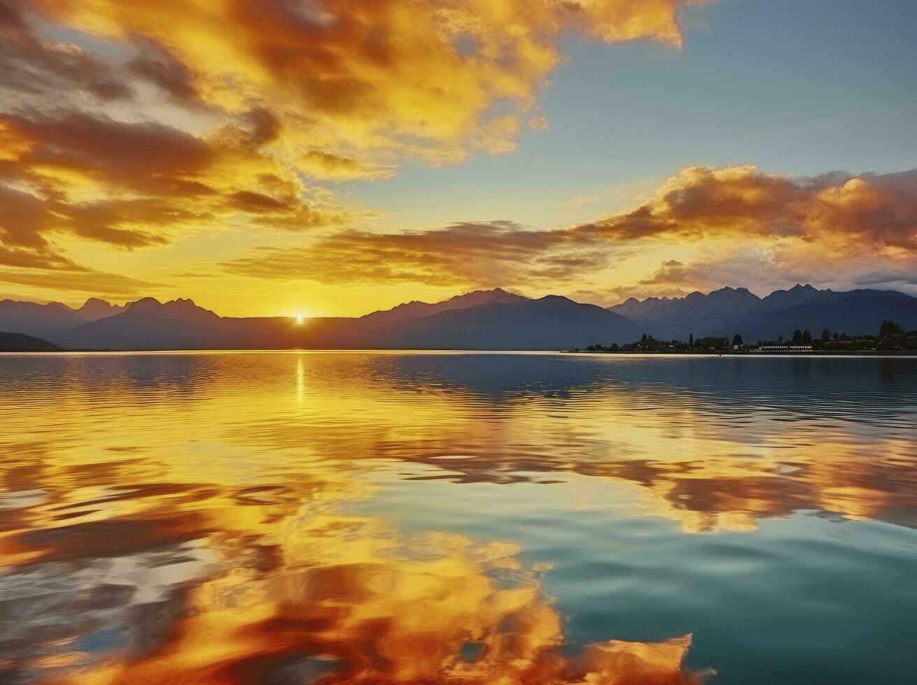 ai generato luminosa tramonto al di sopra di lago d'oro nuvole riflettere nel il acqua. ai generato. foto