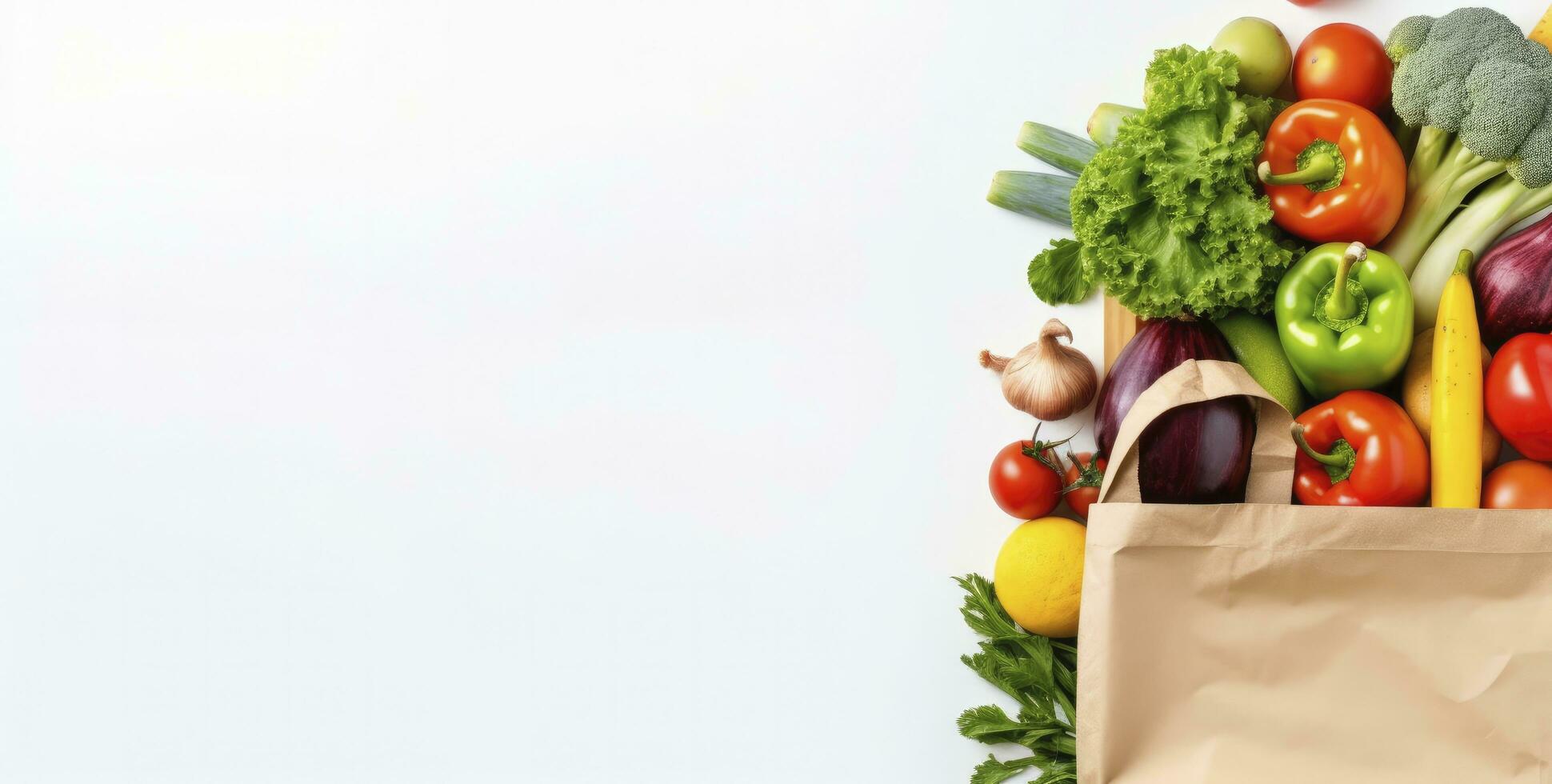 ai generato salutare cibo nel carta Borsa verdure e frutta su bianca sfondo. ai generato foto