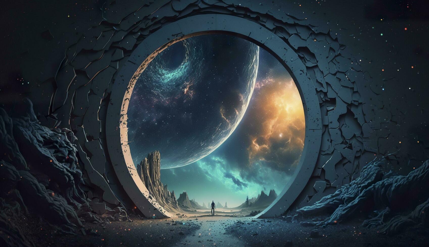 ai generato portale per un altro mondo. futuristico cosmico paesaggio con cerchio tunnel nel stellato cielo. generativo ai foto