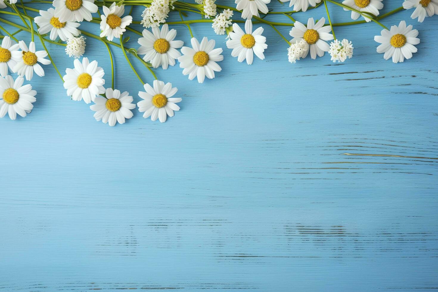 margherita confine su blu Di legno. ai generato foto