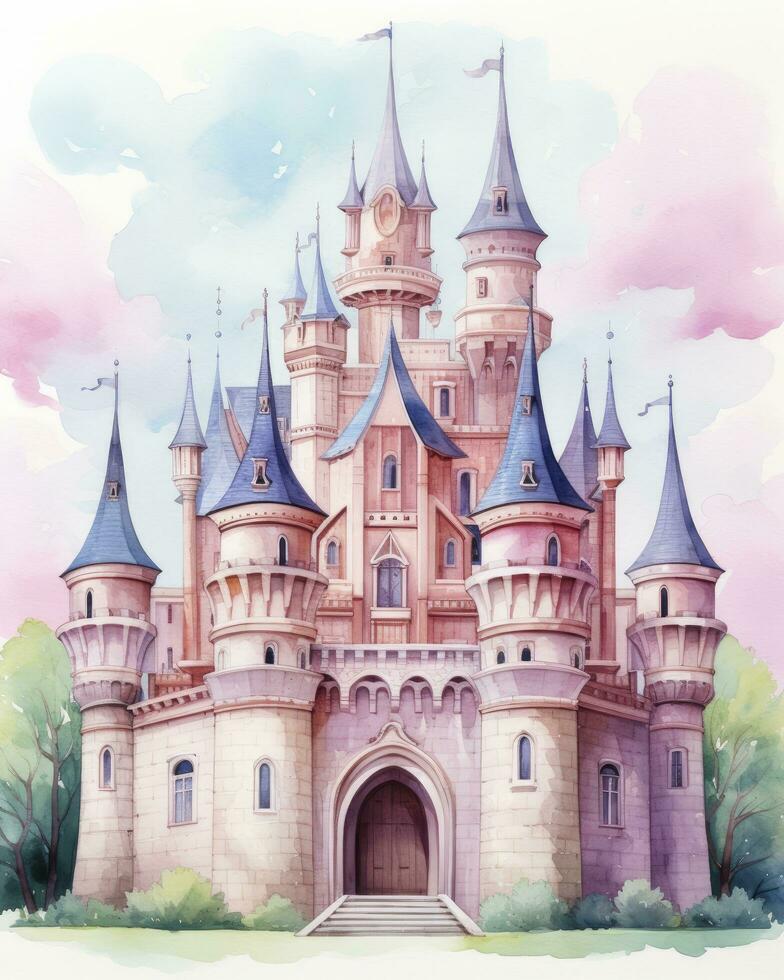 ai generato colorato acquerello kawaii castello isolato su bianca sfondo. ai generato foto