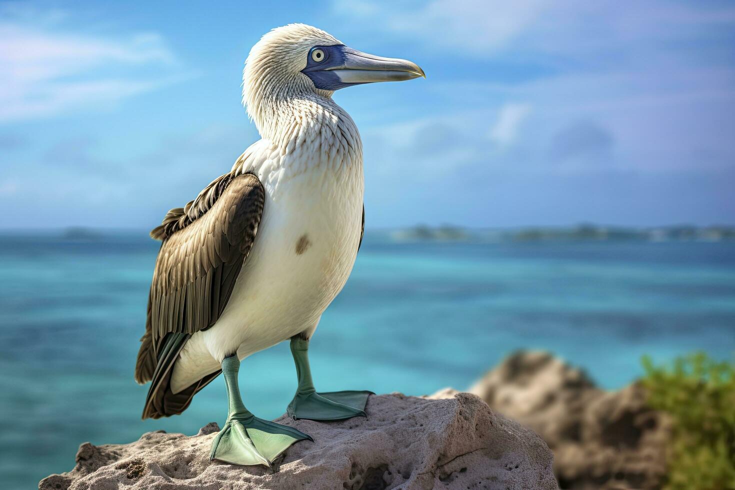 ai generato il raro dai piedi azzurri tonto riposa su il spiaggia. ai generato foto