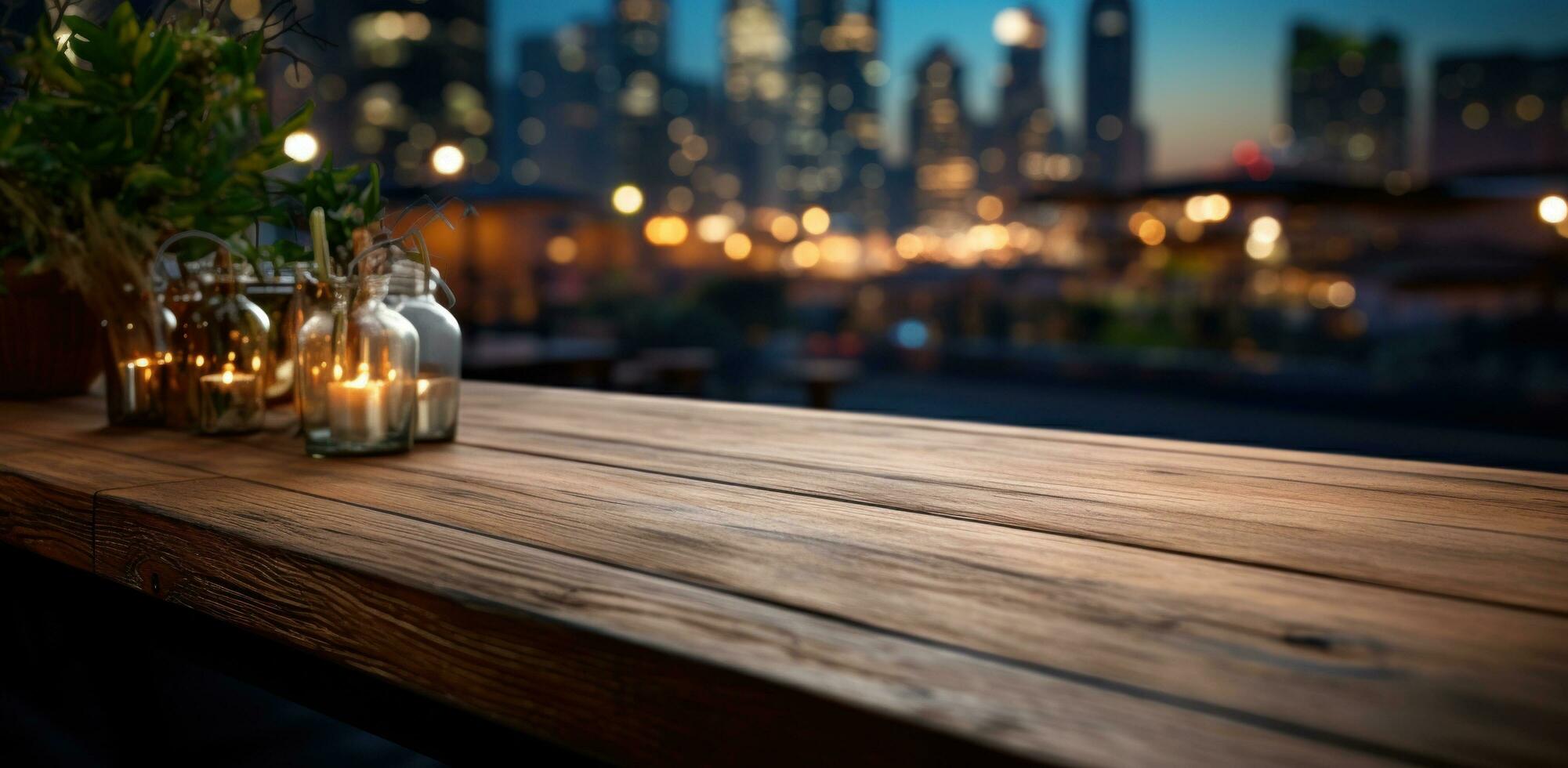 ai generato di legno cenare tavolo con sfocato sfondo mentre guardare in il città foto