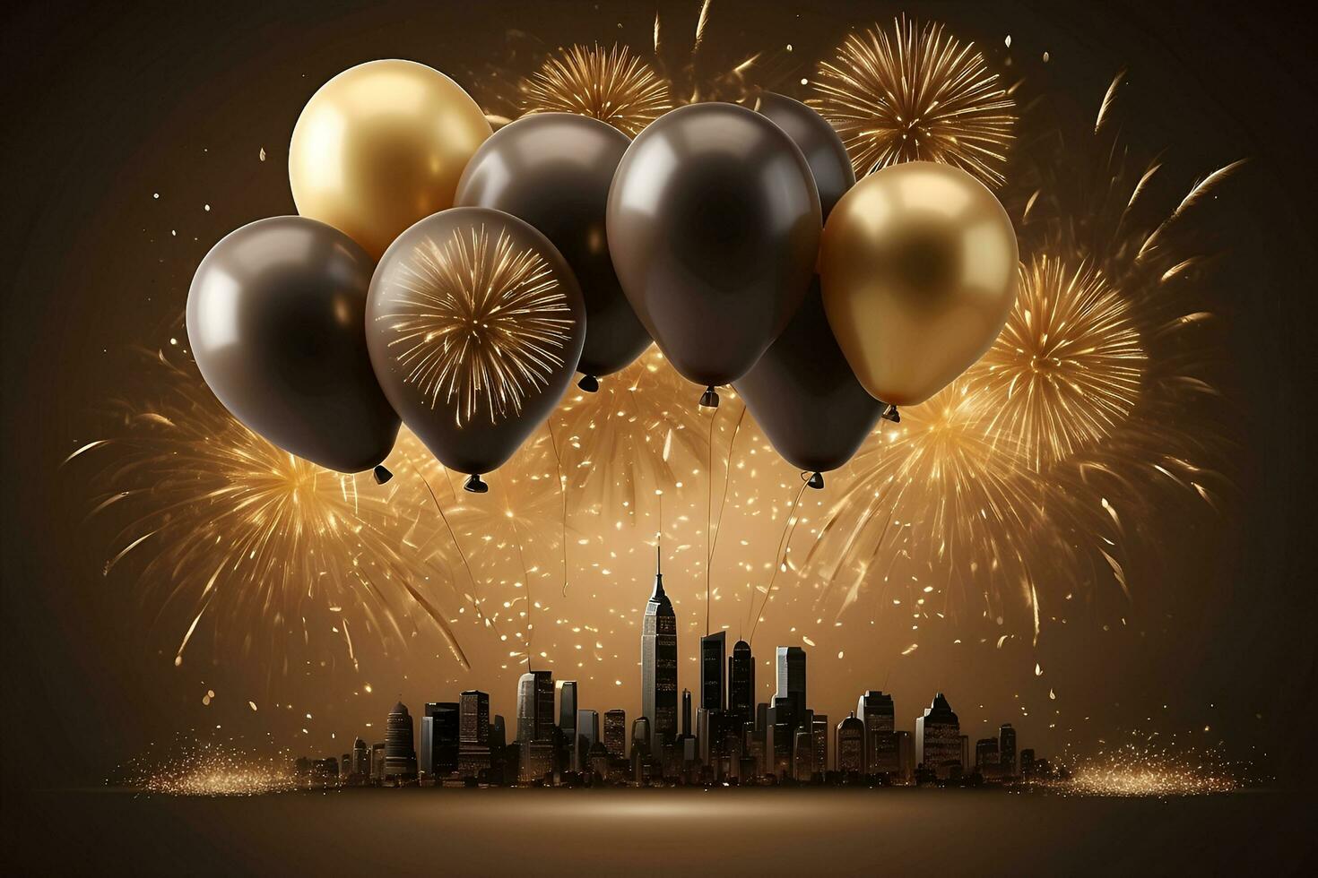 ai generato contento nuovo anno saluto con palloncini e fuochi d'artificio foto