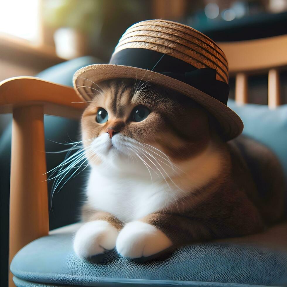 ai generato un' carino gatto nel un' cappello è seduta su un' sedia ai creare foto