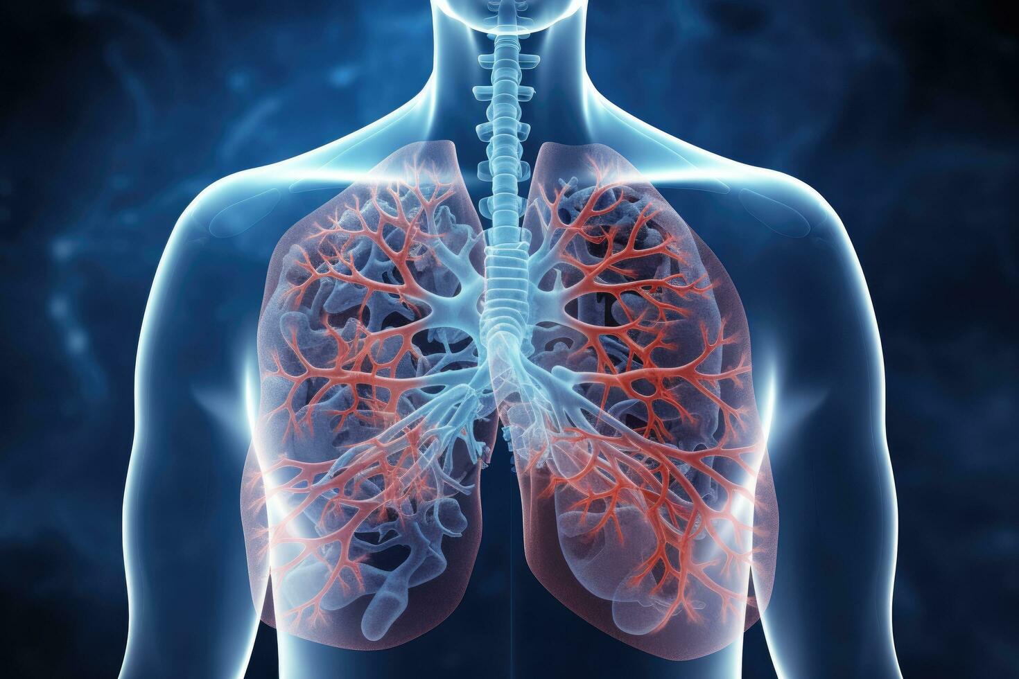 ai generato polmoni anatomia nel raggi X Immagine su buio blu sfondo, un' maschio polmone cancro biopsia respiratorio sistema nel raggi X, ai generato foto
