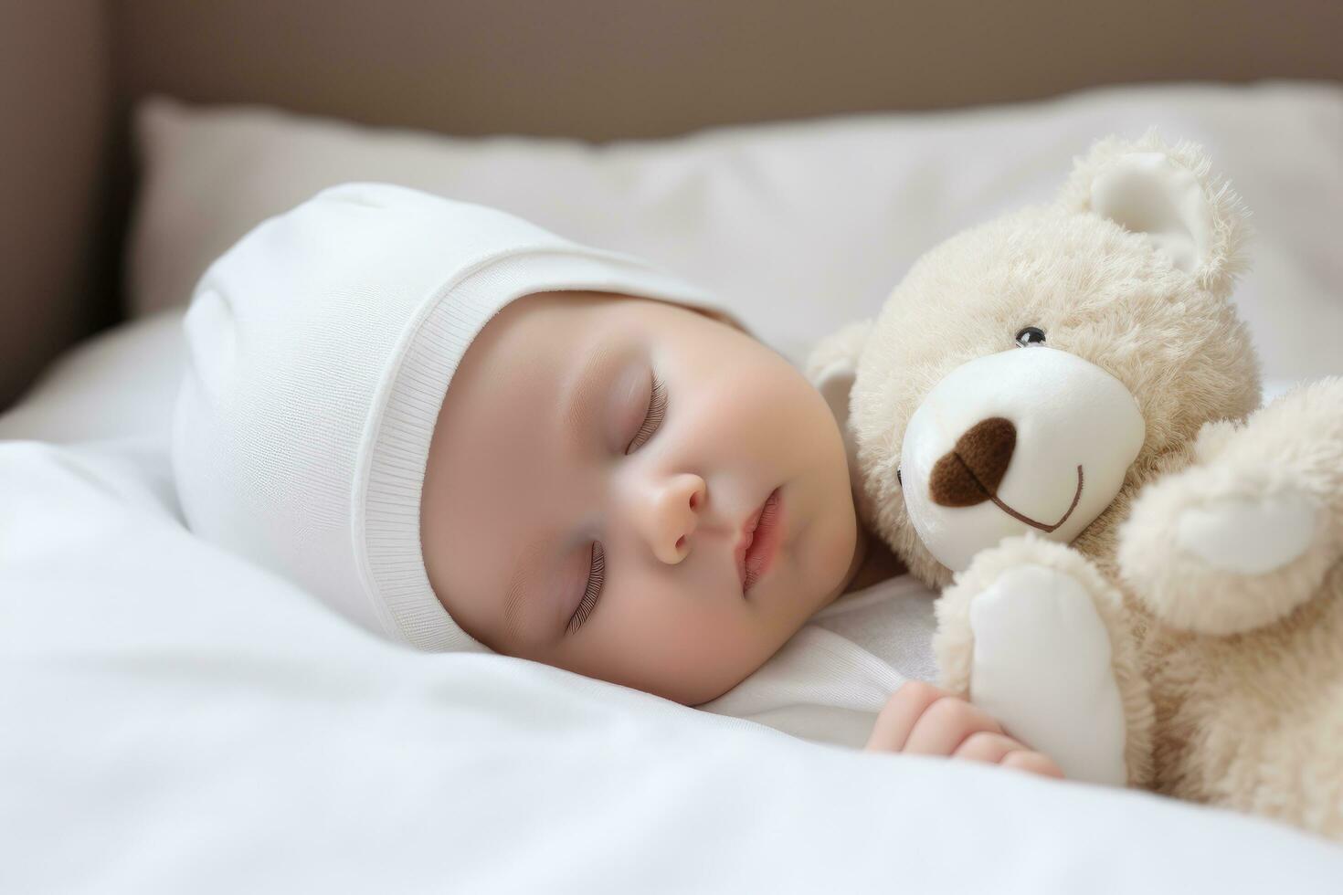 ai generato carino poco bambino addormentato con orsacchiotto orso su letto a casa, un' neonato bambino addormentato con un' orsacchiotto orso su un' comodo bianca letto, ai generato foto