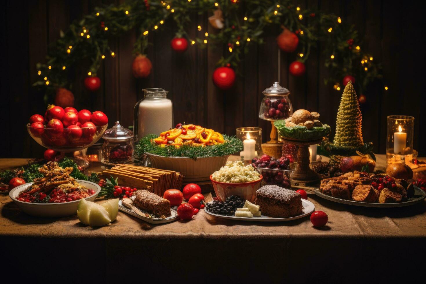 ai generato Natale tavolo con tradizionale cibo e Natale decorazione. selettivo messa a fuoco, un' foto di Natale tavolo con cibo, ai generato