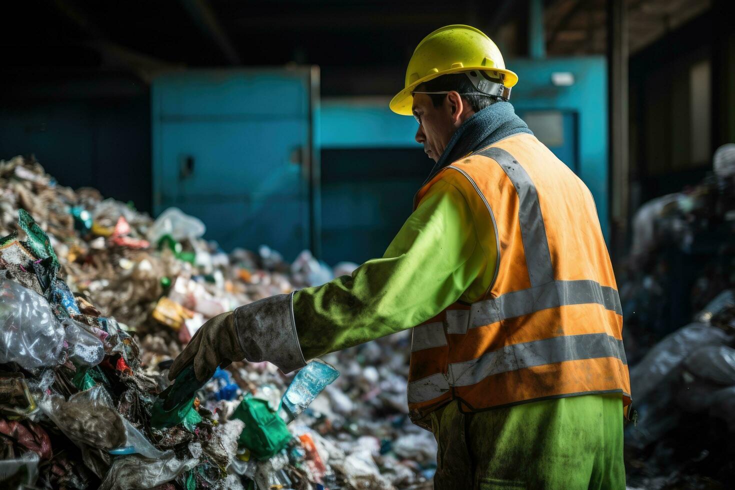 ai generato posteriore Visualizza di un' maschio lavoratore ordinamento spazzatura nel un' raccolta differenziata pianta, un' lavoratore a un' raccolta differenziata pianta lavori, ai generato foto