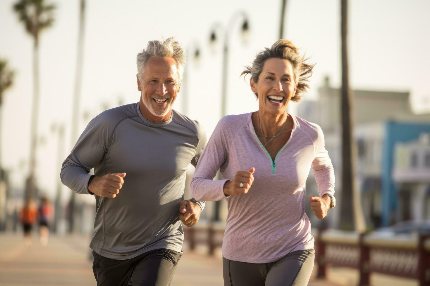 ai generato ritratto di contento anziano coppia jogging nel mare lungomare, attivo in forma maturo coppia in esecuzione su Santa monica spiaggia passerella Pacifico oceano nel sfondo, ai generato foto