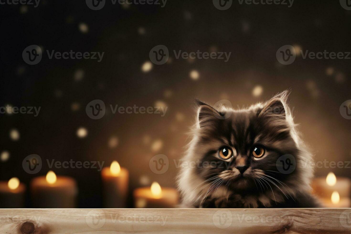 ai generato persiano gatto su di legno tavolo con candele e bokeh sfondo foto