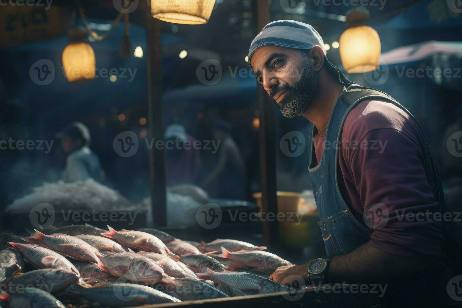 ai generato arabo pesce venditore mercato. creare ai foto