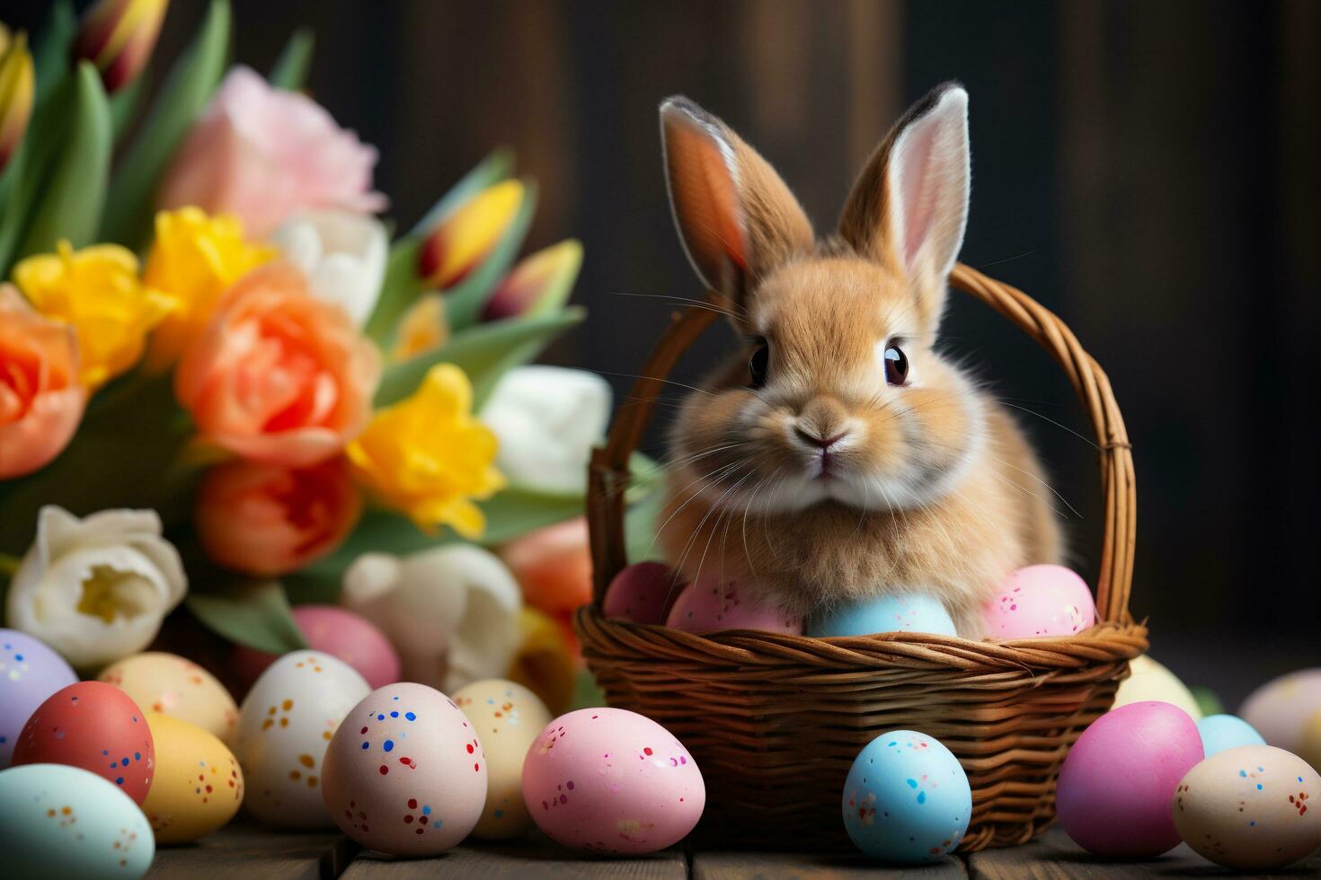 ai generato Pasqua coniglietto con colorato uova e tulipani su di legno sfondo. foto