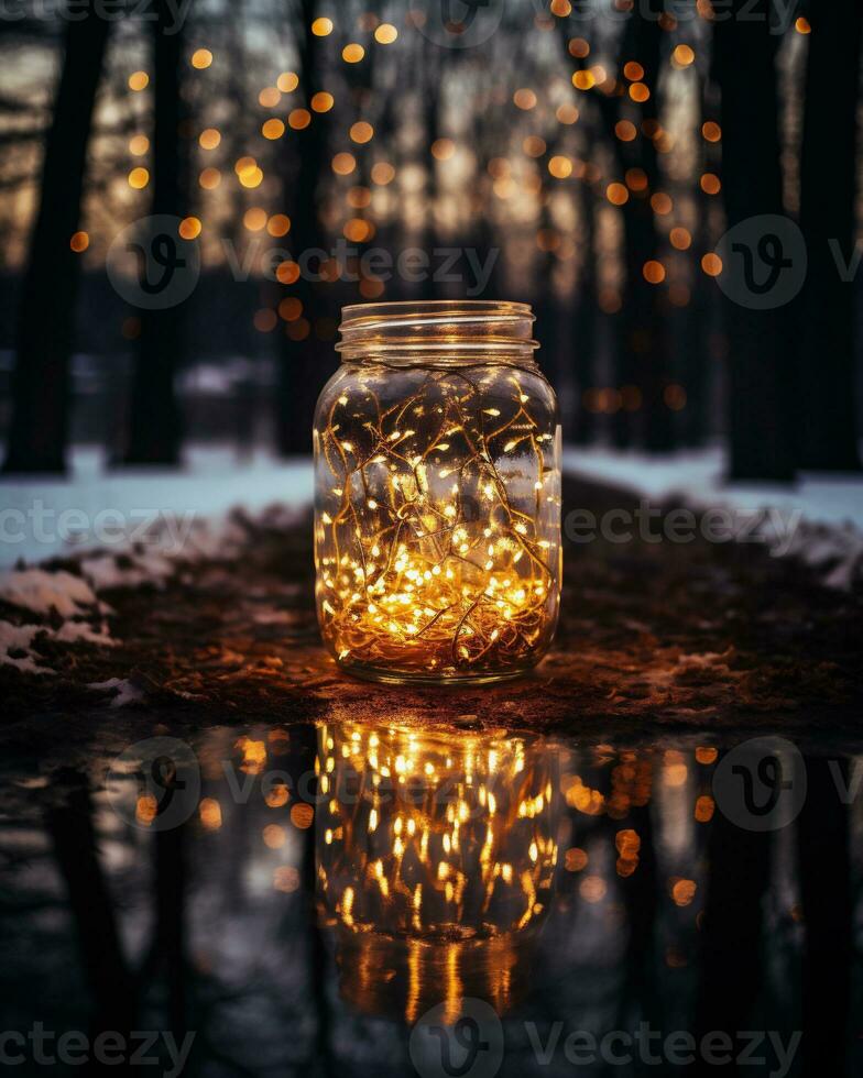 ai generato Natale luci nel un' bicchiere vaso su il sfondo di un' inverno foresta foto