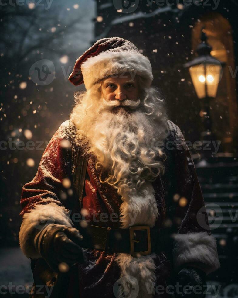 ai generato ritratto di Santa Claus nel il città a notte. Natale volta. foto