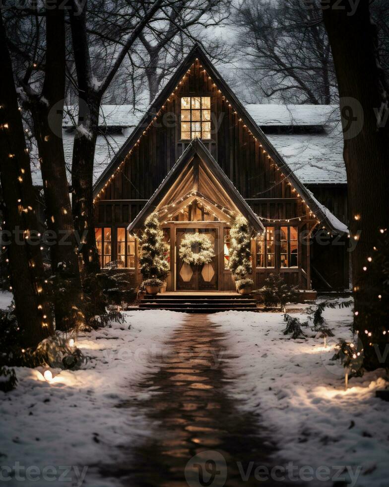 ai generato Natale e nuovo anno decorazione nel un' di legno Casa nel il inverno foresta. foto
