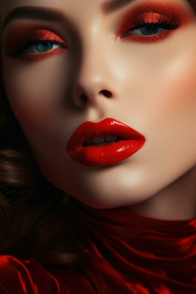 ai generato un' avvicinamento di un' donna di viso con perfettamente applicato rosso rossetto. foto