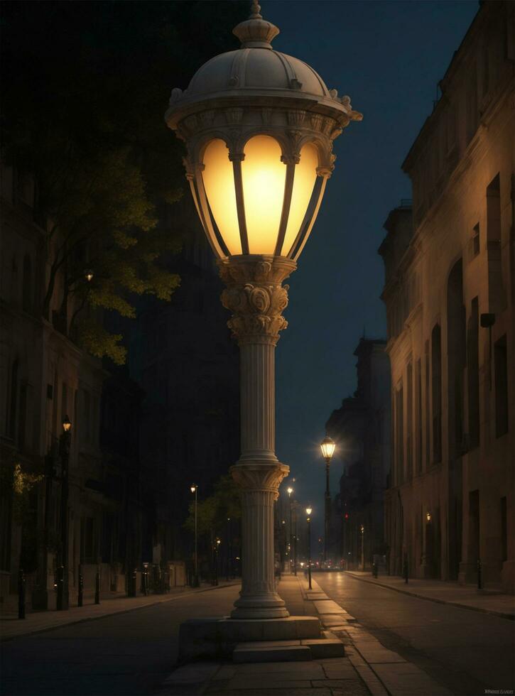 ai generato romano impero strada lampada a notte nel il vecchio cittadina di Madrid, Spagna. foto