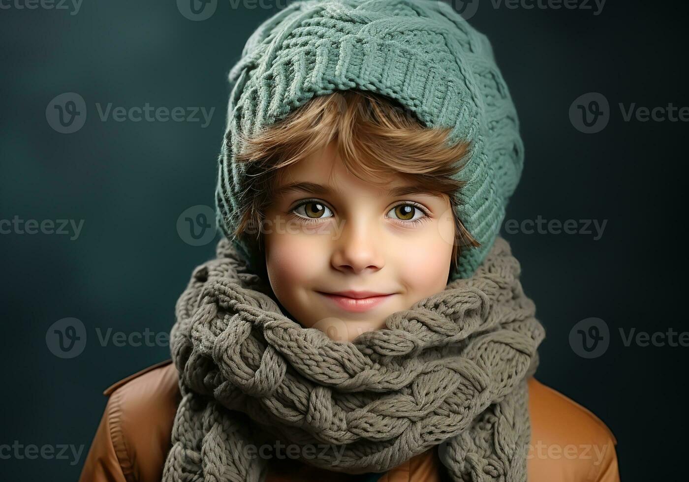 ai generato bambino vestito calorosamente nel un' di lana cappello e sciarpa. inverno volta. studio foto