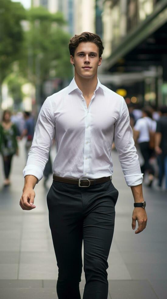 ai generato uomo indossare un' croccante bianca camicia e su misura nero pantaloni, a piedi con fiducia giù un' occupato strada foto