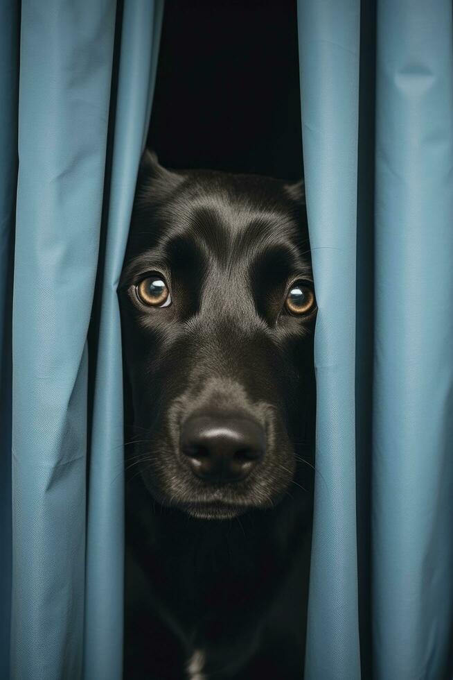 ai generato il cane è nascondiglio dietro a il le tende e è impaurito per partire fuori. foto