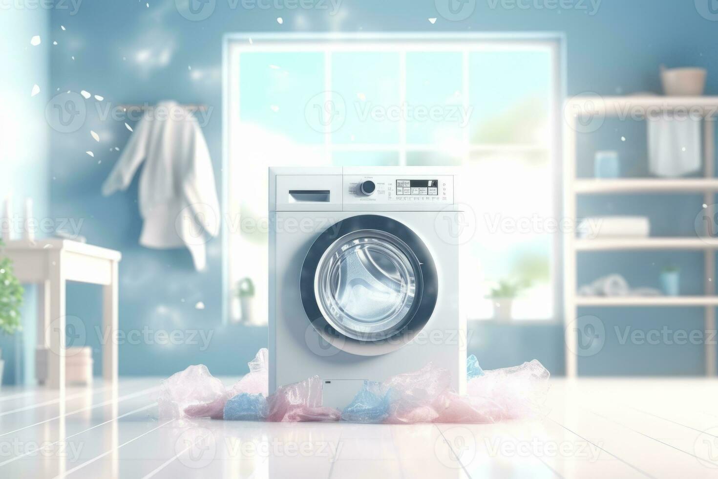 ai generato moderno lavaggio macchina nel lavanderia camera con Abiti. generativo ai foto