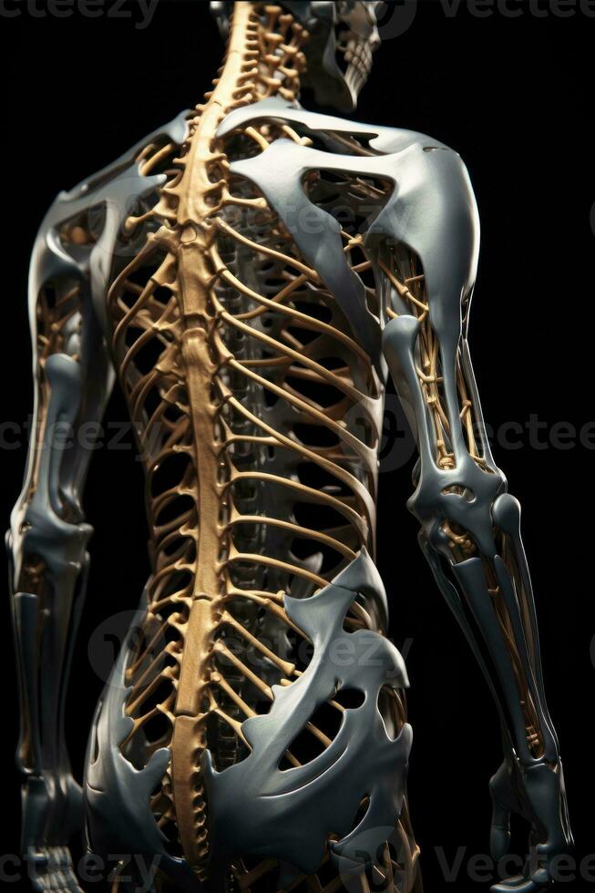ai generato illustrazione di uomo scheletro anatomia su buio sfondo. scheletrico sistema. umano corpo osso struttura. ideale per libri di testo, medico presentazioni, educativo contenuto, medico opuscoli foto