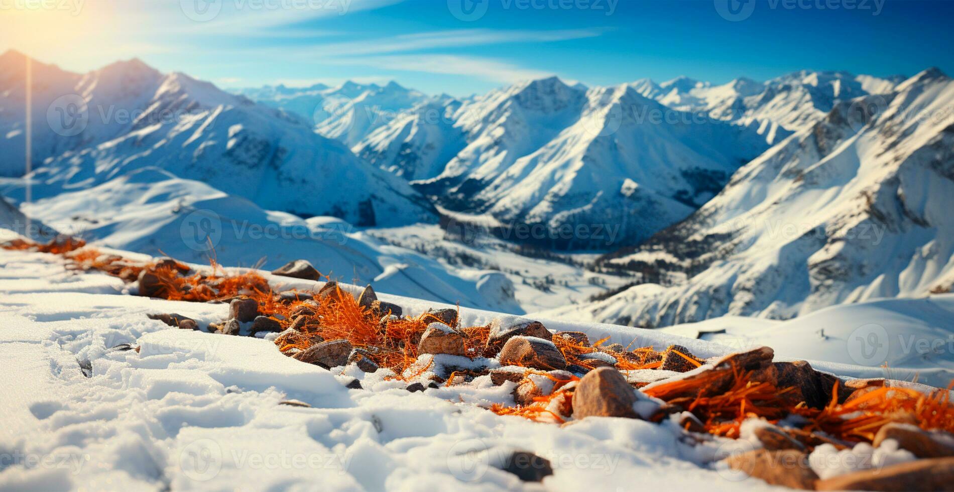 ai generato nevoso alpino montagne, bellissimo inverno paesaggio, panorama - ai generato Immagine foto