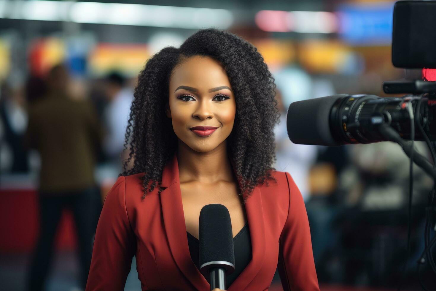 ai generato giovane africano americano femmina reporter con microfono nel il studio, africano femmina notizia reporter nel vivere trasmissione, giornalismo industria, ai generato foto