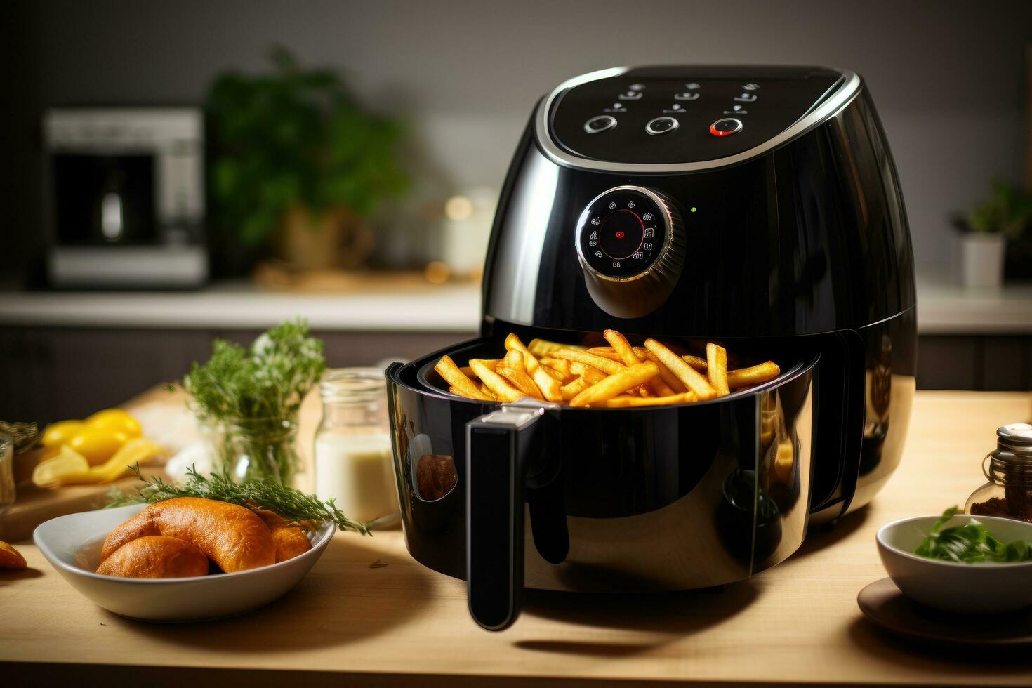 ai generato fresco francese patatine fritte con ketchup e burro nel il cucina, aria friggitrice macchina cucinando Patata fritte nel cucina, ai generato foto