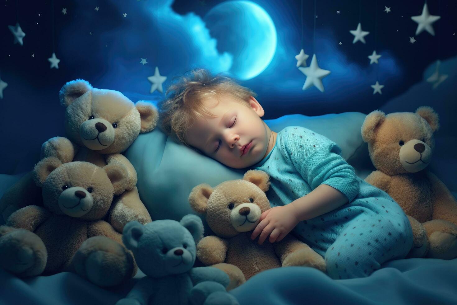 ai generato un' bambino è addormentato nel il suo blu coperta con orsi foto