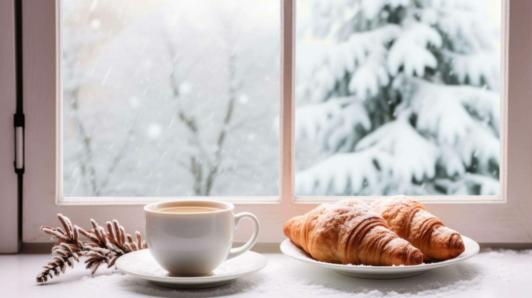 ai generato accogliente fine settimana vibrazioni con cottura a vapore caffè, Cornetti, e un' nevoso finestra fondale foto