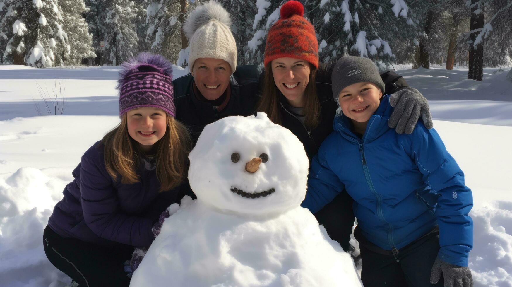 ai generato famiglia lavoro di squadra, edificio un' pupazzo di neve, sorrisi, e il Magia di nevoso solidarieta foto