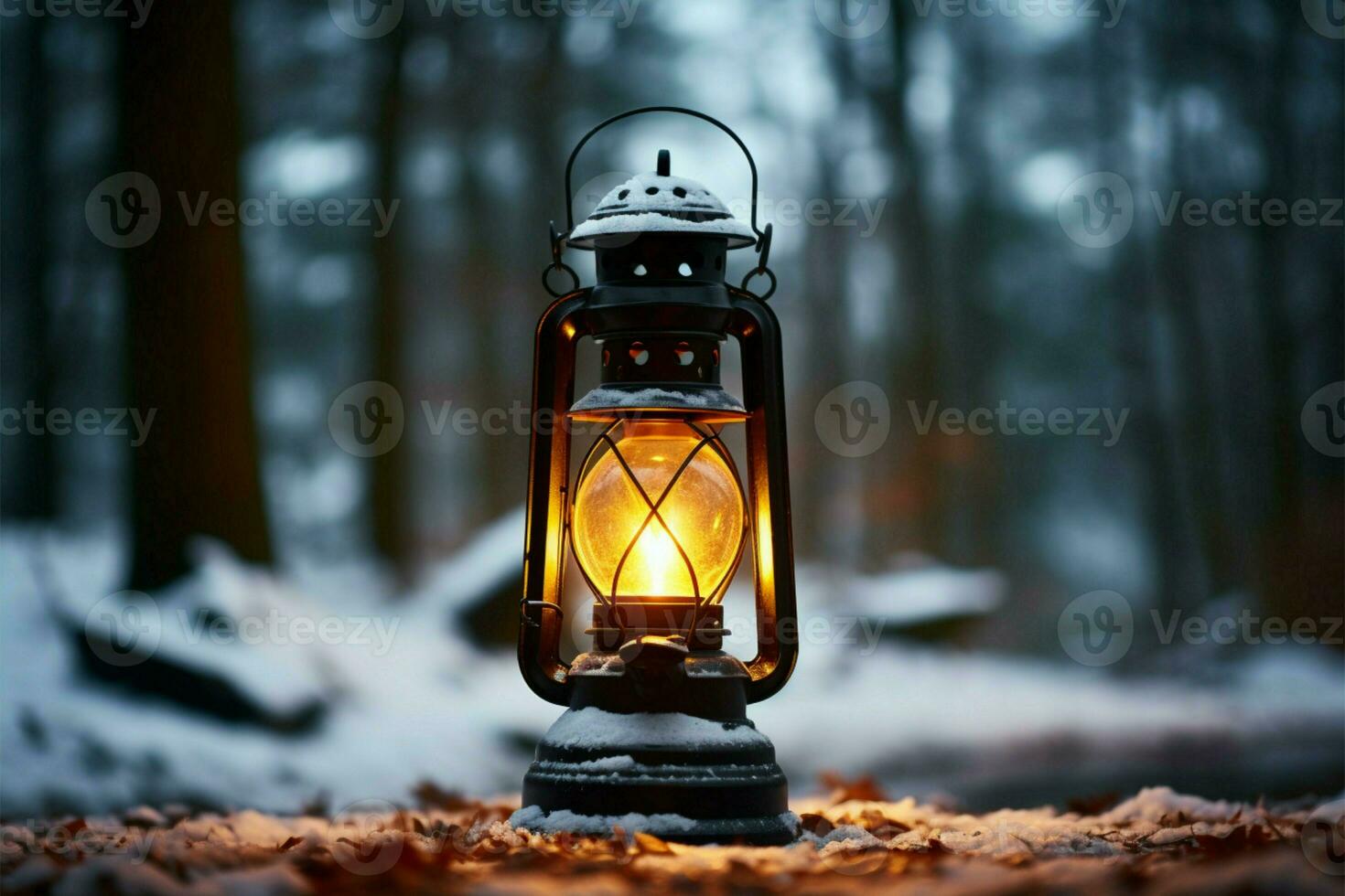 ai generato ardente raggiante lanterna nel inverno neve bellissimo inverno sfondo ai generato foto