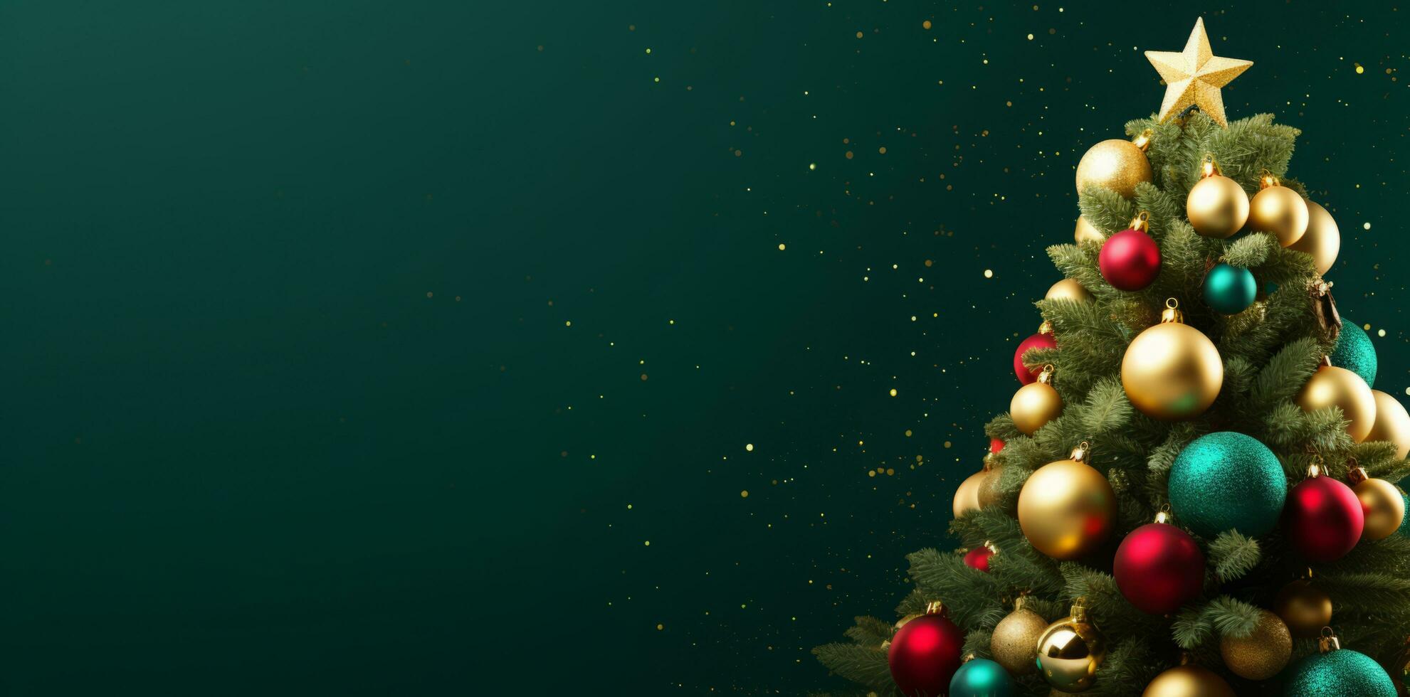 ai generato decorato con ornamenti e luci Natale albero su buio verde sfondo foto