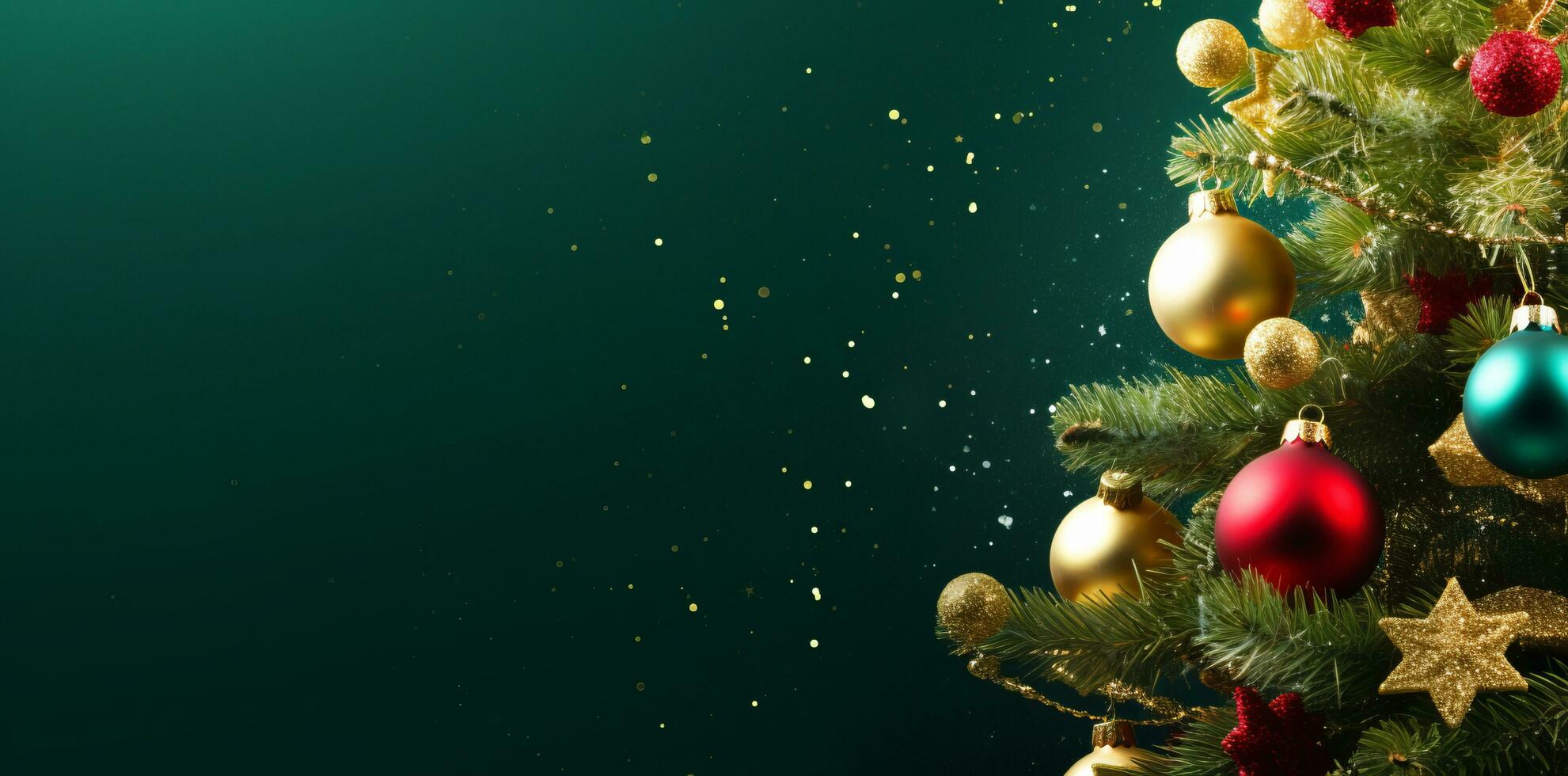 ai generato decorato con ornamenti e luci Natale albero su buio verde sfondo foto