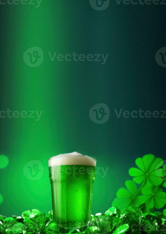 ai generato verticale striscione, st. patricks giorno, tradizionale ossequi e bevande, verde birra nel un' bicchiere tazza, un' posto per testo foto