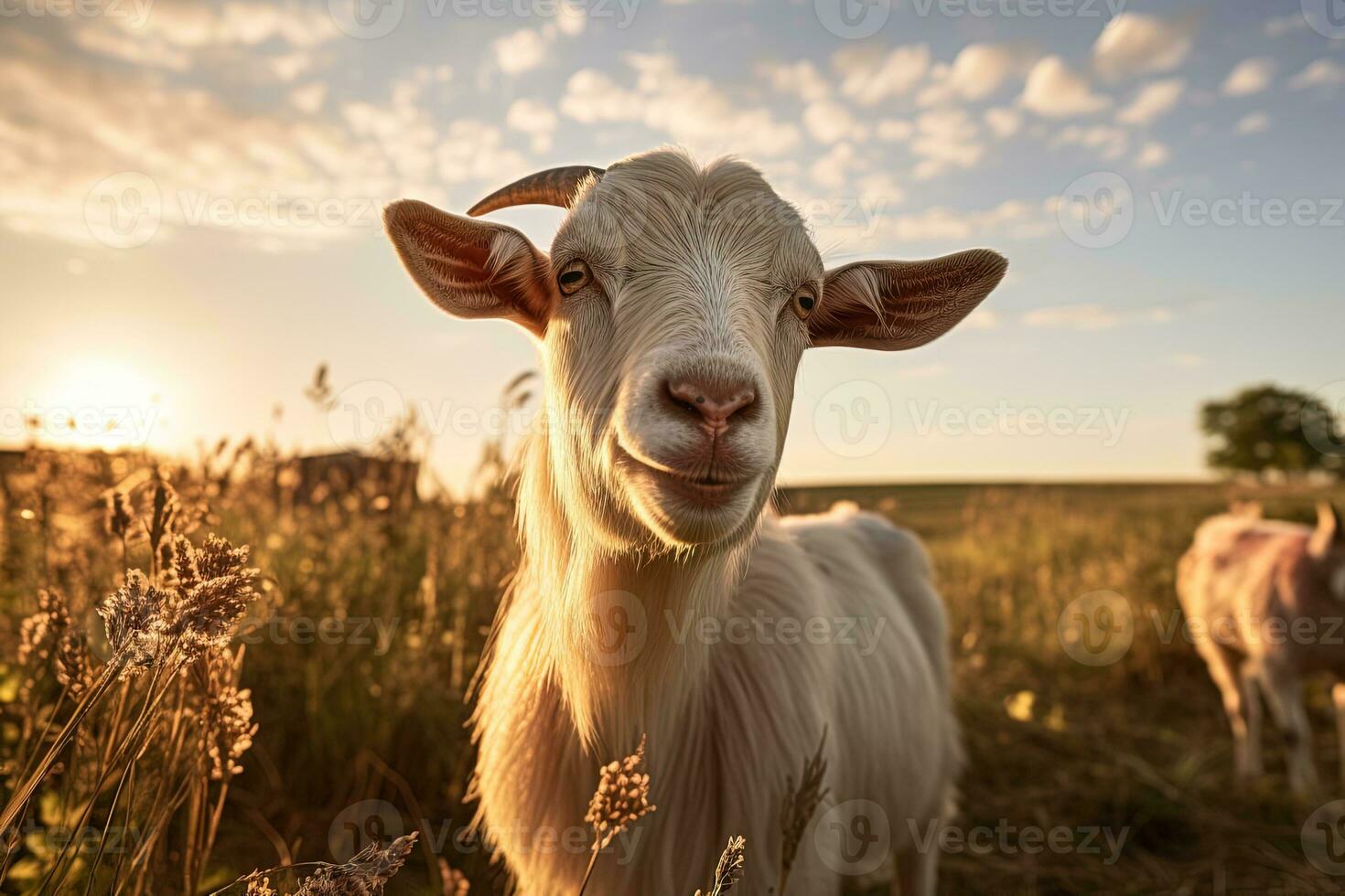 ai generato ritratto di un' bianca agricoltura capra a tramonto nel un' campo foto